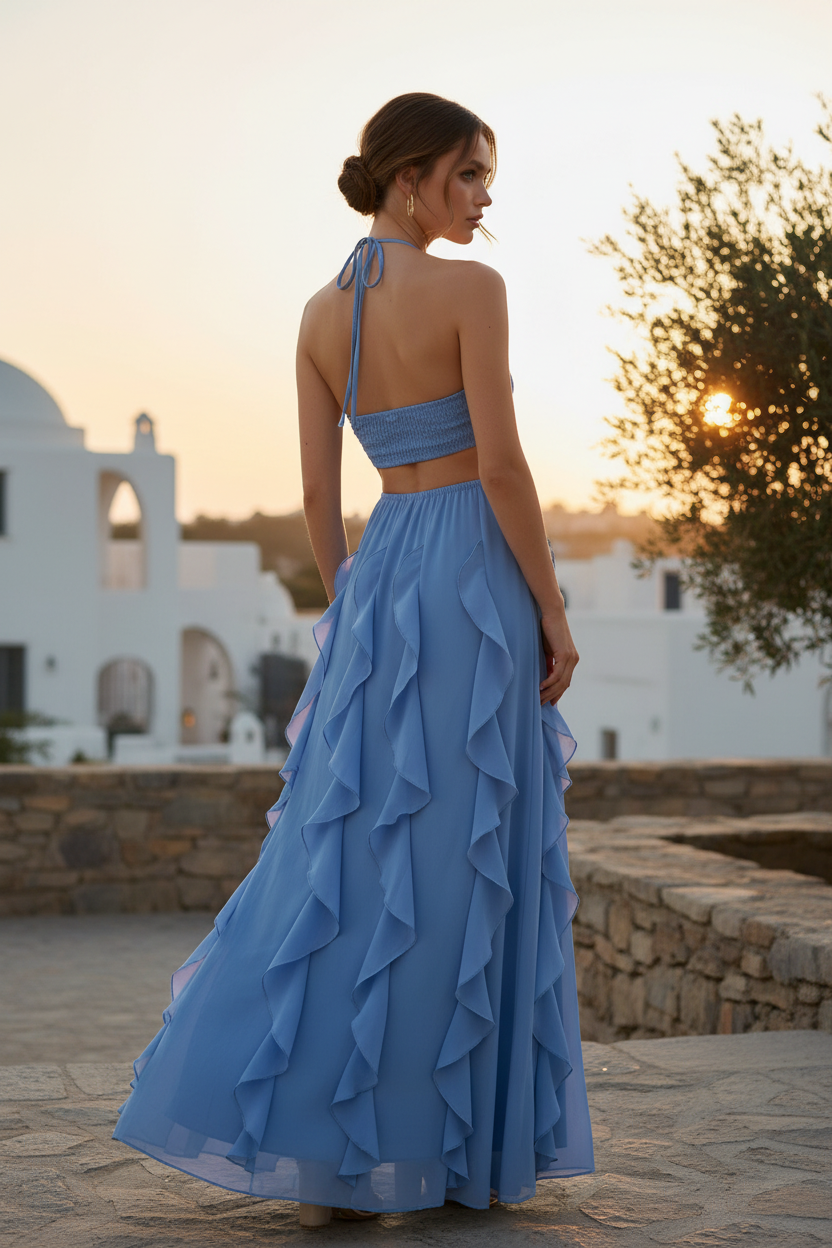 Azure Cutout Waterfall-Ruffle Halter Maxi Dress - Back
