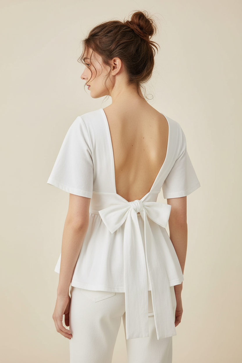 Bow-Back Peplum Short-Sleeve Top - Back