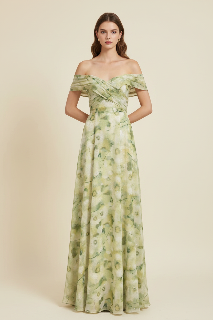 Sage Crossover Off-Shoulder Floral Maxi Dress - Front