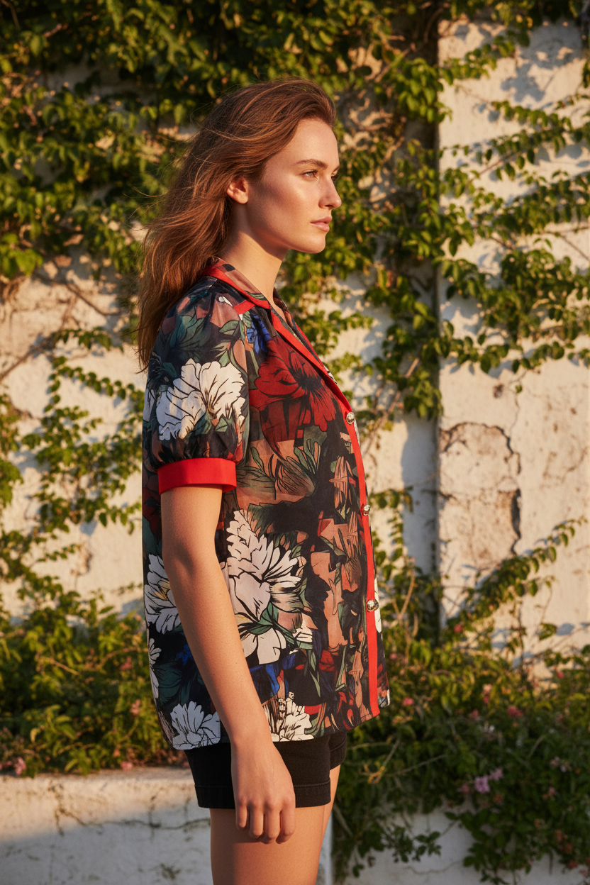 Jardin Floral Print Red-Trim Puff-Sleeve Shirt - Side