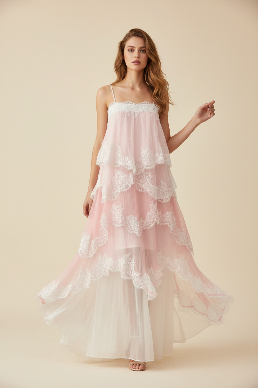 Eloise Multi-Tier Lace Spaghetti Strap Maxi Dress - Front