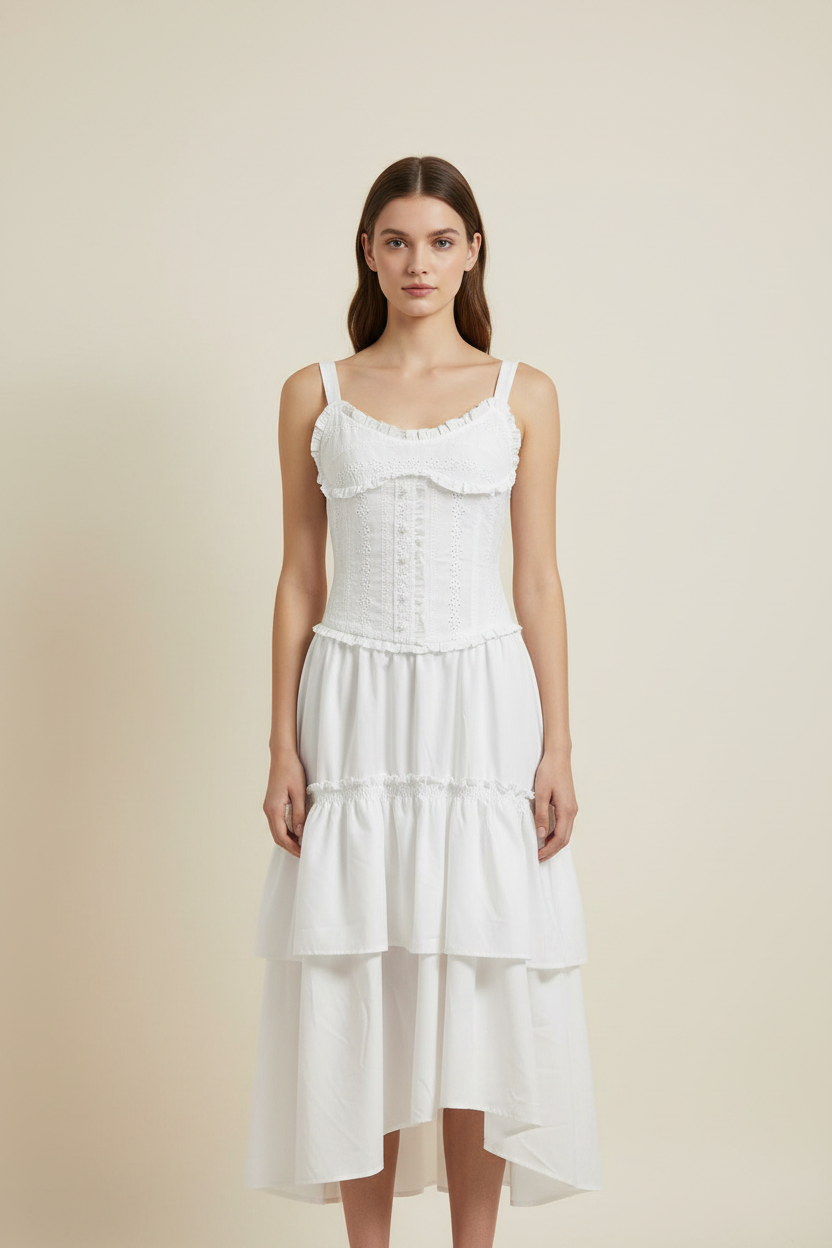 Amelie Lace-Trim Corset Double-Tier Midi Dress - Front