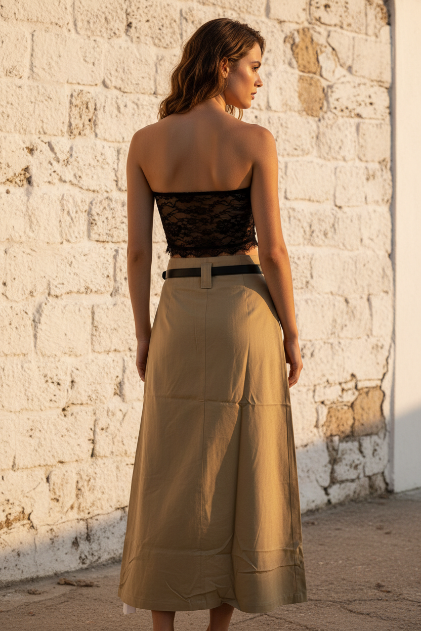 Khaki Pleated Maxi Skirt & Lace Bandeau Set - Back