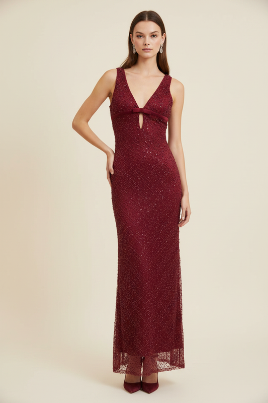 Rosalie Deep-V Beaded Sequin Maxi Dress - Front