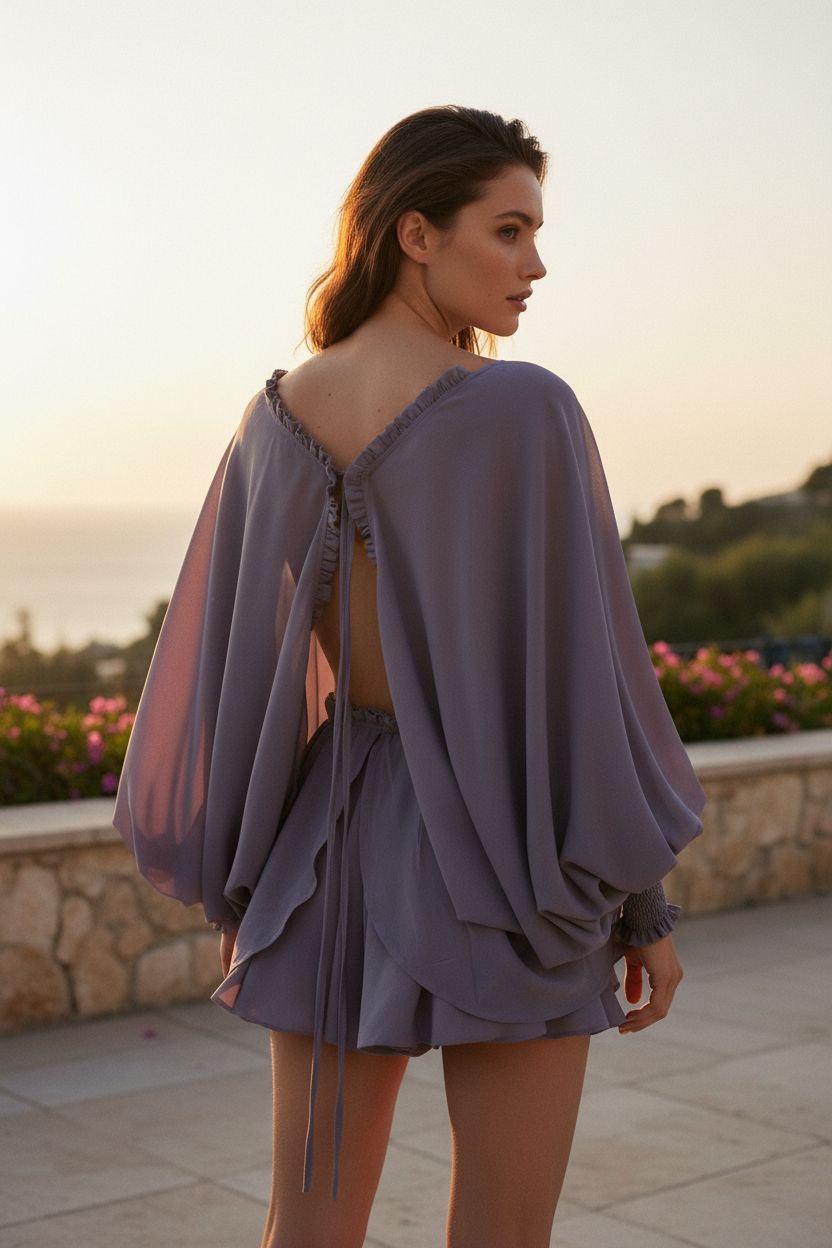 Lavender Open-Back Tie Lantern-Sleeve Peplum Blouse - Back