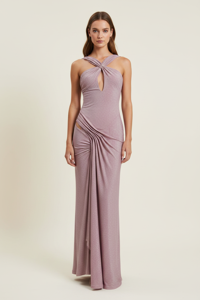 Valentina Twisted Knot Shimmer Halter Maxi Dress - Front