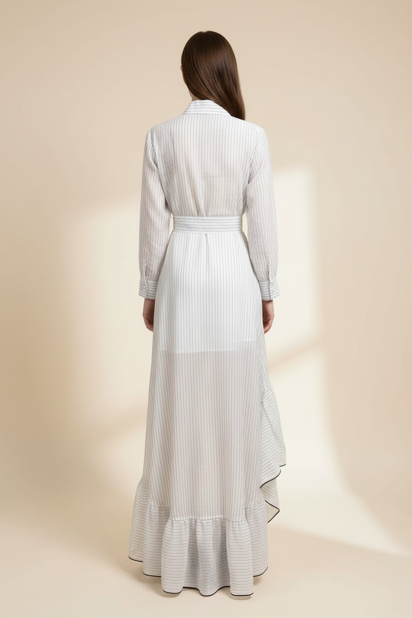 Solène Pinstripe Asymmetric Ruffle Shirt Dress - Back
