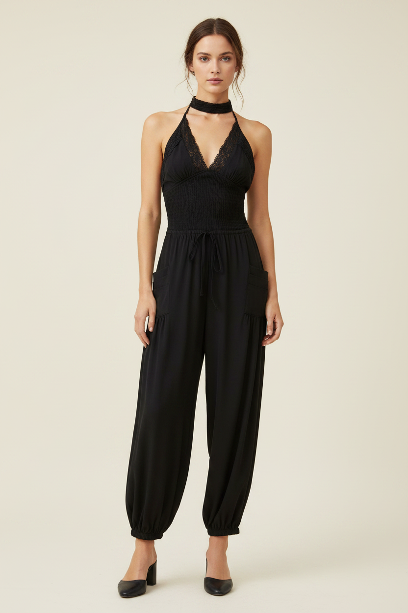 Nadia Lace-Trim Halter Wide-Leg Jumpsuit - Front