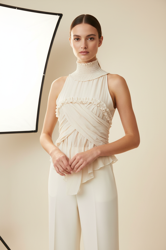 Odette Smocked Neck Twisted Drape Top - Front