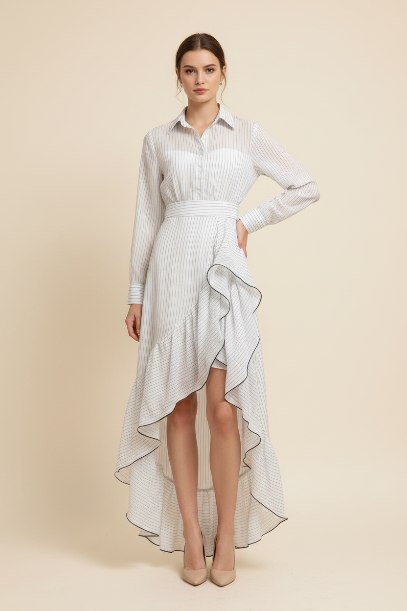 Solène Pinstripe Asymmetric Ruffle Shirt Dress - Front