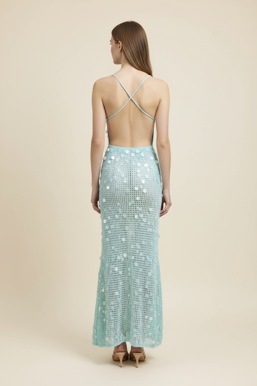 Marina Crochet Disc-Appliqué Open-Back Maxi Dress - Back