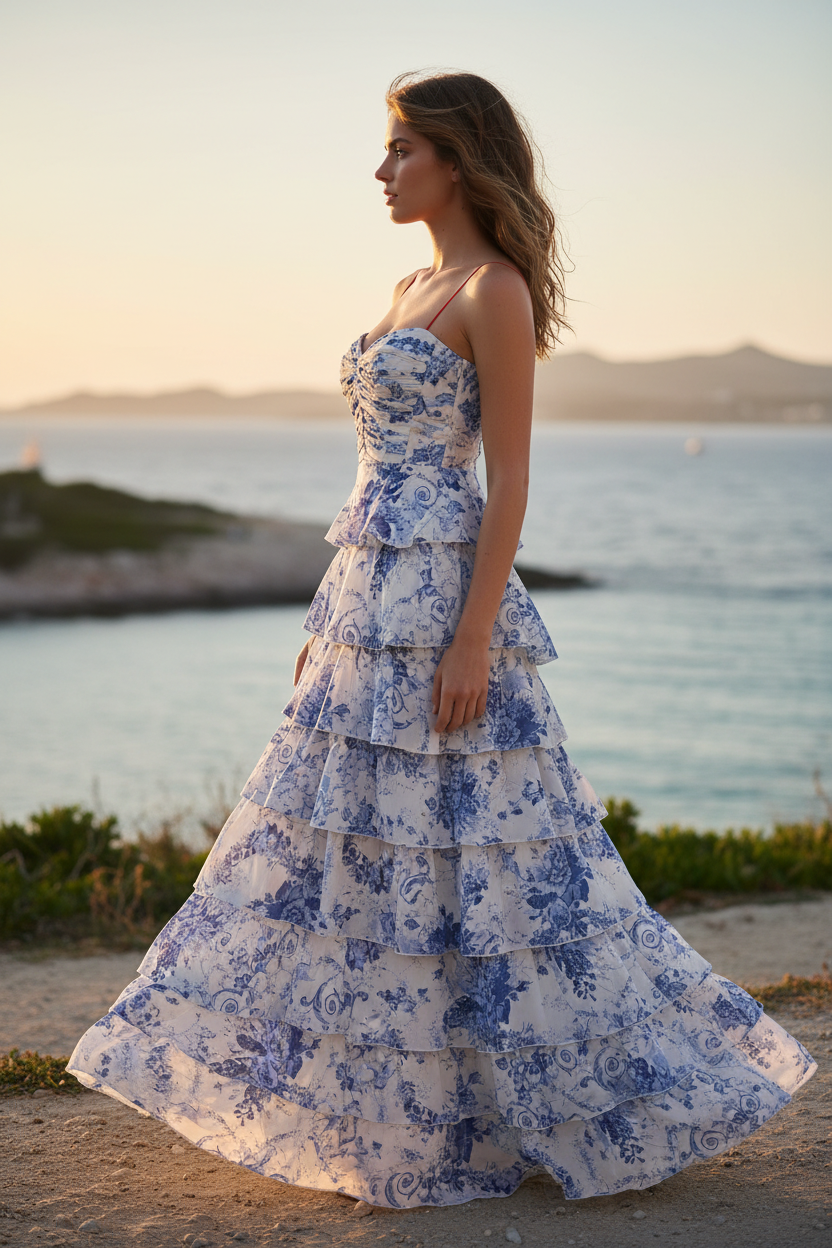 Porcelain Blue Floral Tiered Maxi Dress - Side