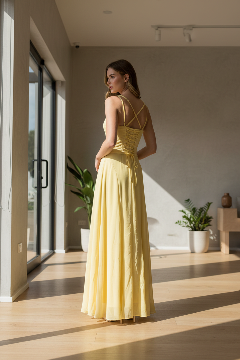 Butter Chiffon Lace-Up Maxi Dress - Back View