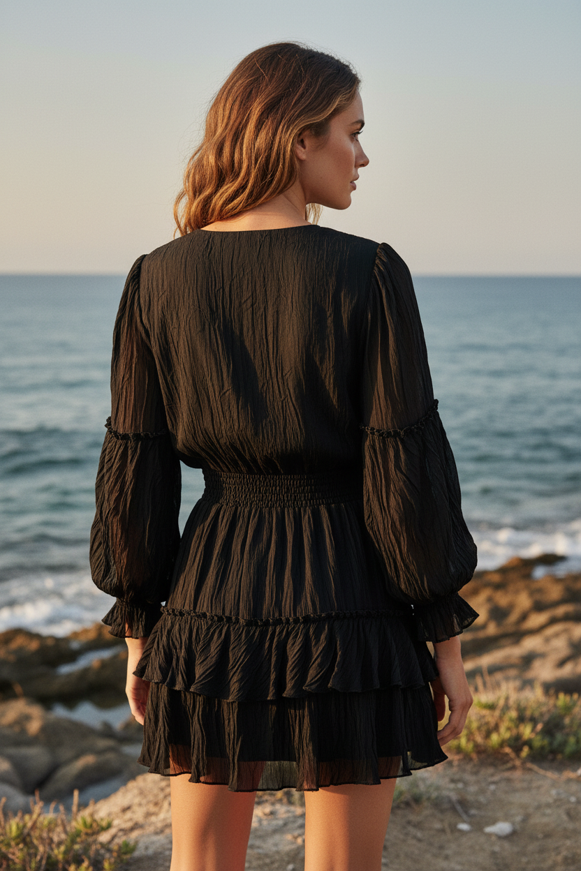 Noir Crinkle Ruffle Lantern-Sleeve Mini Dress - Back