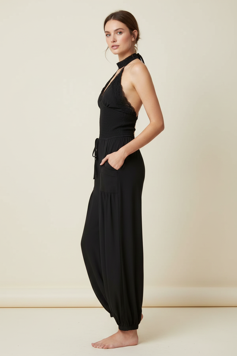 Nadia Lace-Trim Halter Wide-Leg Jumpsuit - Side