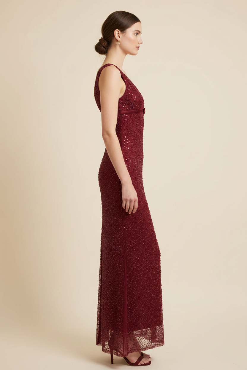 Rosalie Deep-V Beaded Sequin Maxi Dress - Side