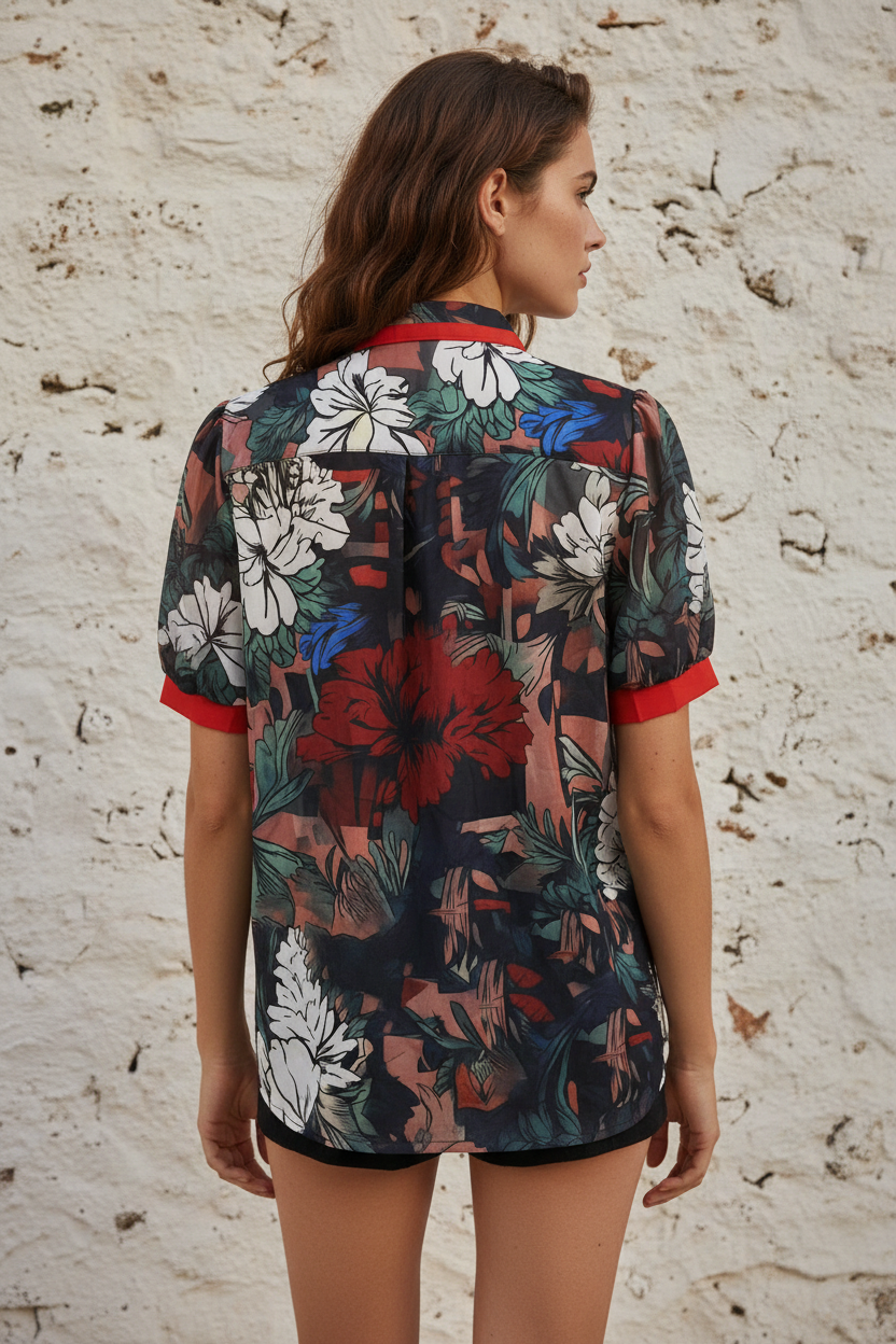 Jardin Floral Print Red-Trim Puff-Sleeve Shirt - Back