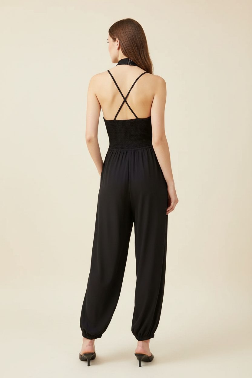 Nadia Lace-Trim Halter Wide-Leg Jumpsuit - Back