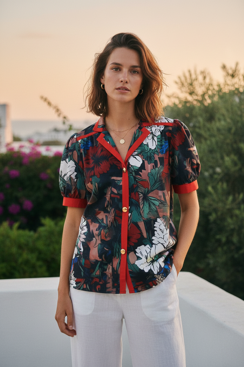 Jardin Floral Print Red-Trim Puff-Sleeve Shirt - Front