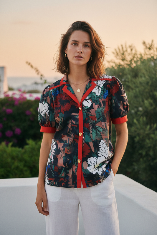 Jardin Floral Print Red-Trim Puff-Sleeve Shirt - Front