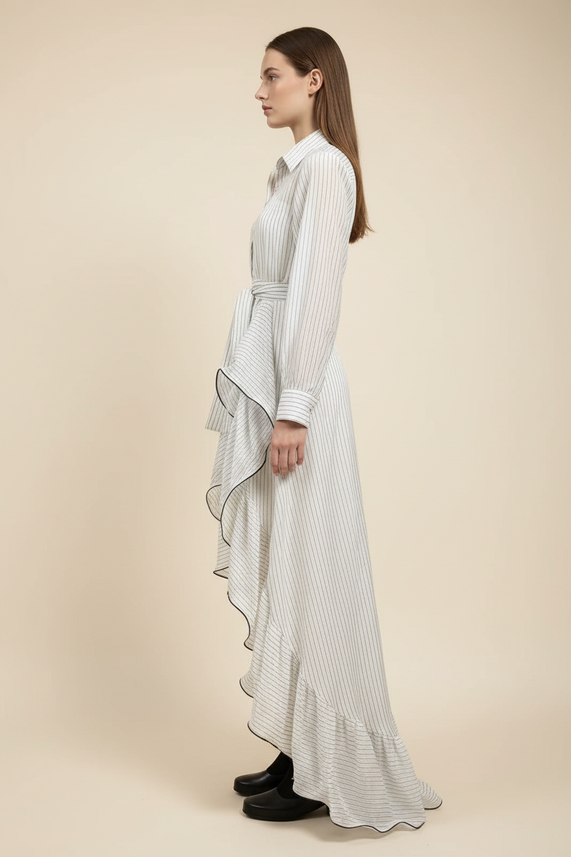 Solène Pinstripe Asymmetric Ruffle Shirt Dress - Side