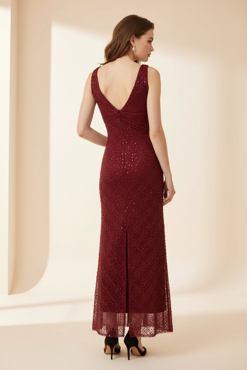 Rosalie Deep-V Beaded Sequin Maxi Dress - Back