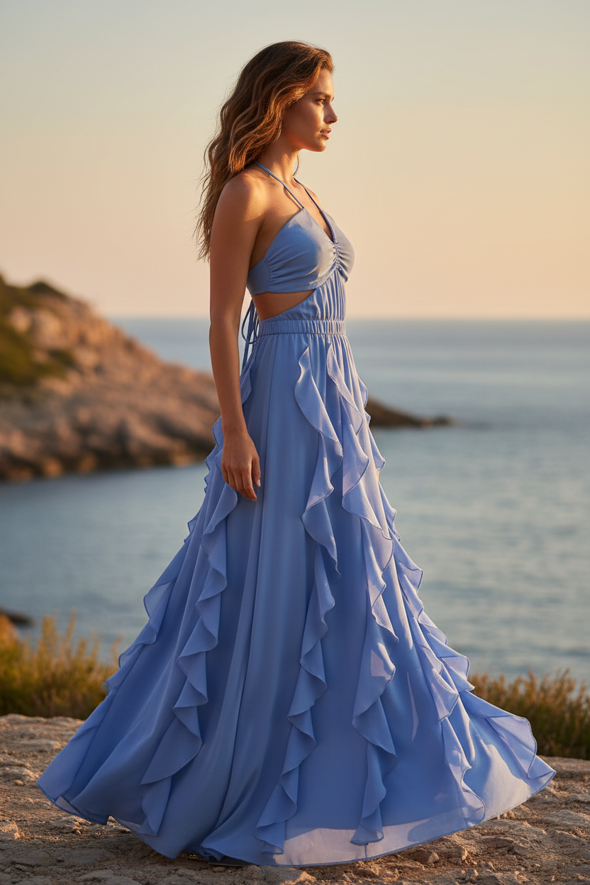 Azure Cutout Waterfall-Ruffle Halter Maxi Dress - Side