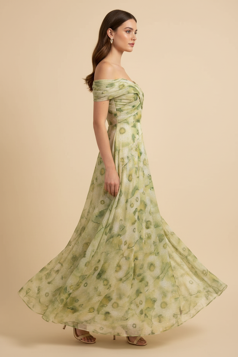 Sage Crossover Off-Shoulder Floral Maxi Dress - Side