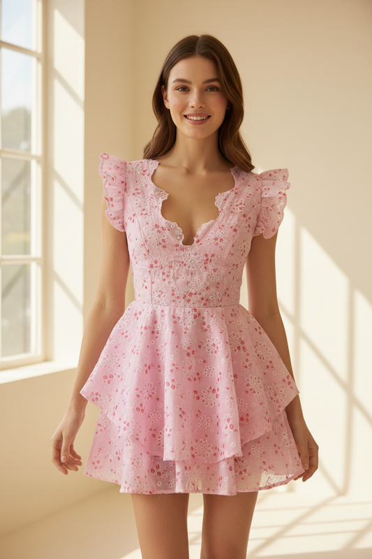 Chloe Flutter-Sleeve Open-Back Floral Mini Dress - Front